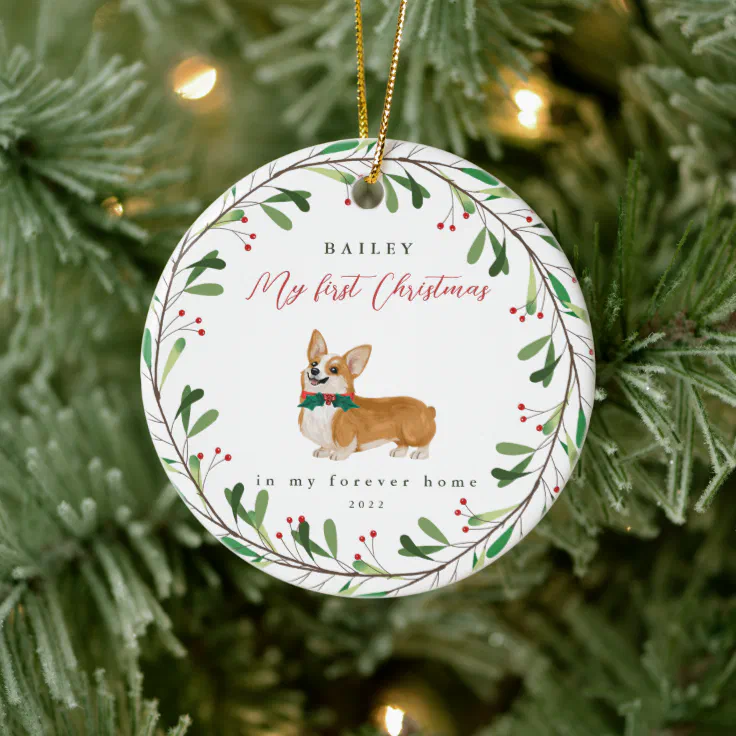 Dog's My First Christmas with Name Corgi Ceramic Ornament