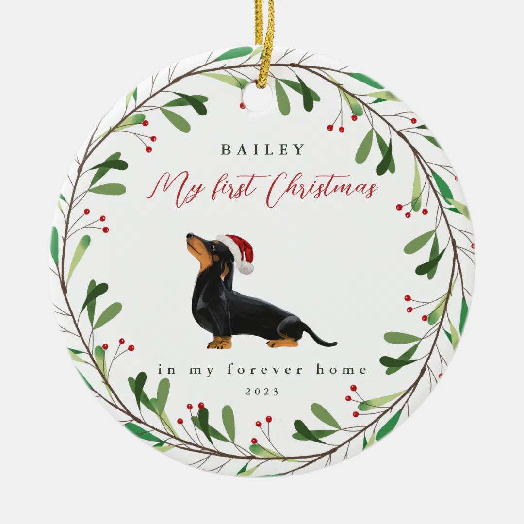 Dog's My First Christmas with Name Dachshund Ceramic Ornament (Front)