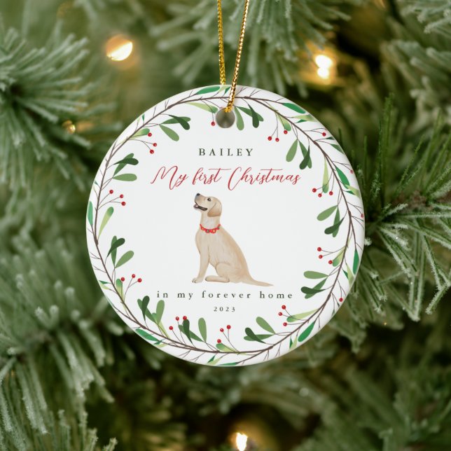 Dog's My First Christmas with Name Golden Lab Ceramic Ornament (Tree)
