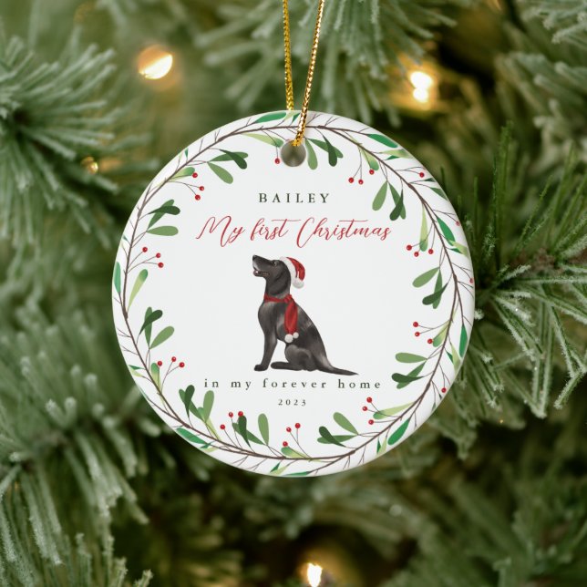 Dog's My First Christmas with Name Pointer Ceramic Ceramic Ornament (Tree)