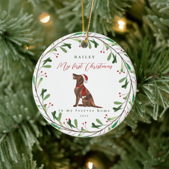 Dog's My First Christmas with Name Pointer Ceramic Ornament (Tree)