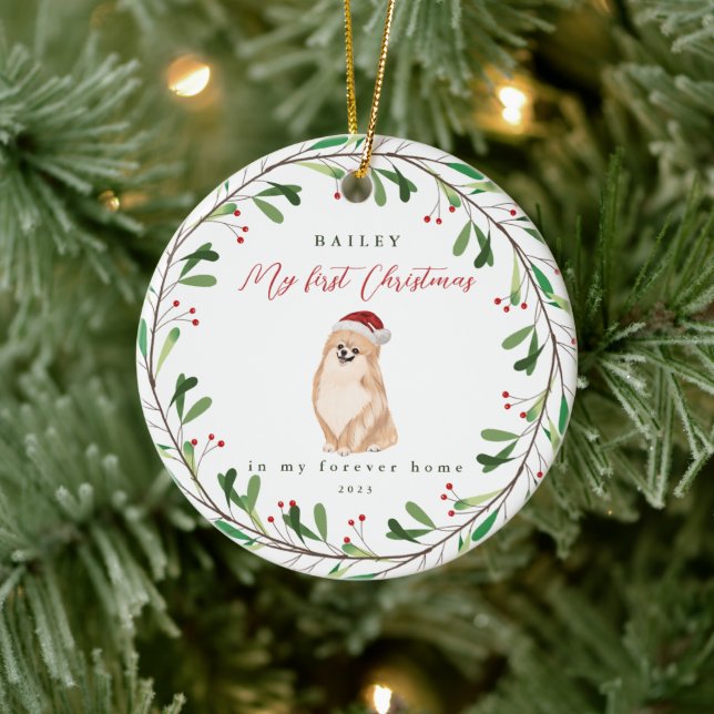 Dog's My First Christmas with Name Pomeranian Ceramic Ornament (Tree)