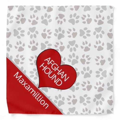 Dogs Name and Breed Paw Prints and Red Heart Bandana