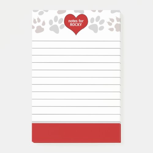 Dogs Name and Red Heart Lined Post_it Notes