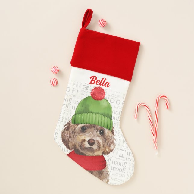 Dog's Name Brown Cockapoo Christmas Stocking (Front)