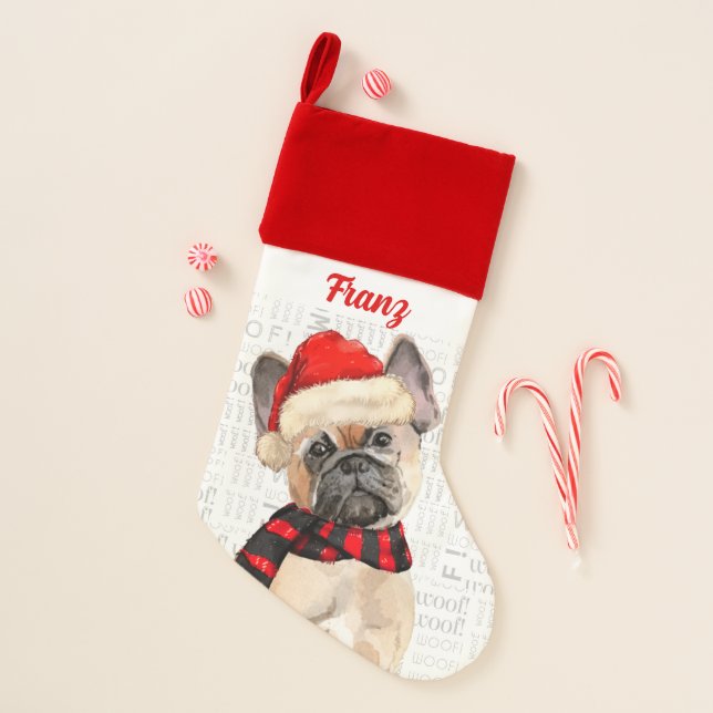Dog's Name Tan Frenchie Bulldog Christmas Stocking (Front)