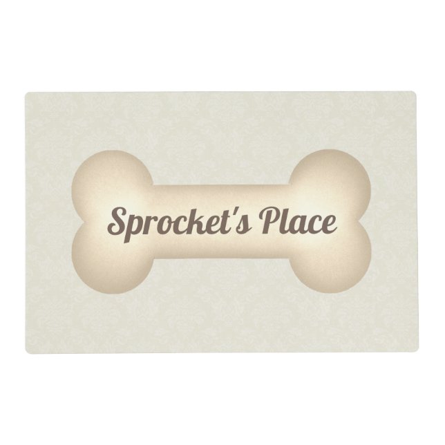 Dog's Name with Bone and Cream Damask Placemat (Front)