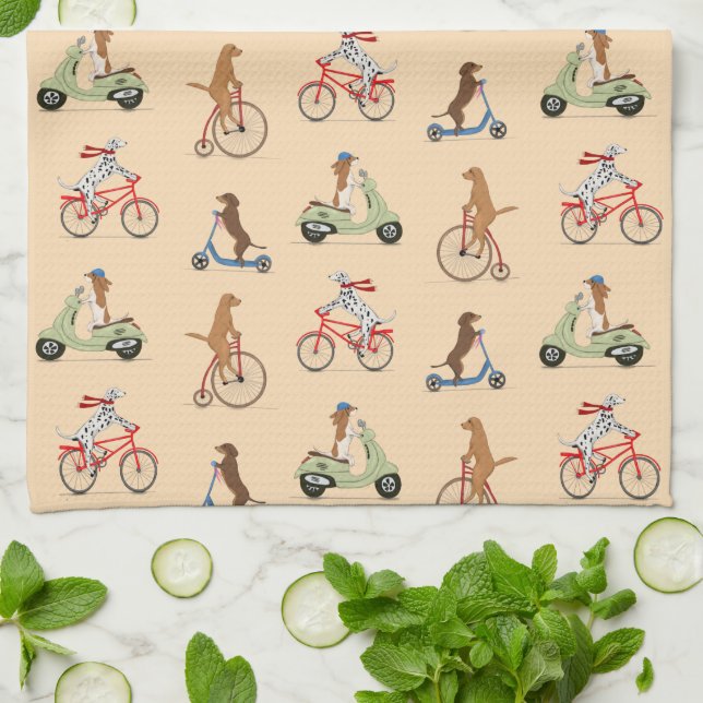 Dogs on Bikes and Scooters - Cream Kitchen Towel (Folded)