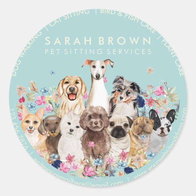 Dogs on Floral Frame Classic Round Sticker