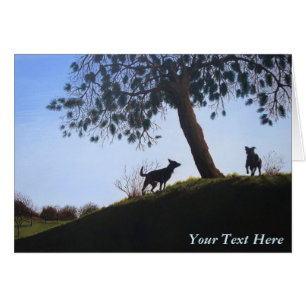 dogs on hillside  blue sky original landscpe art cards