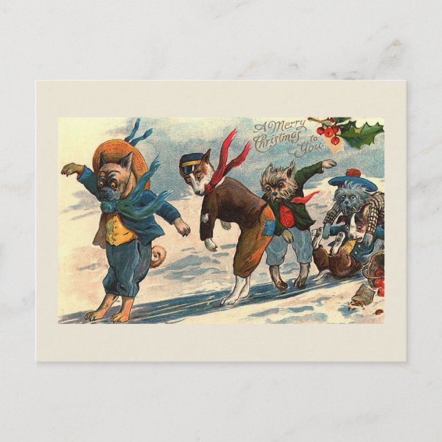 "Dogs on Ice" Vintage Christmas Postcard (Front)