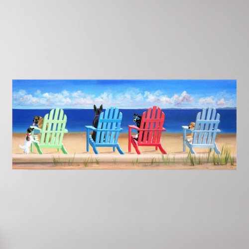 Dogs on Rainbow Adirondack Chairs at the Beach Poster