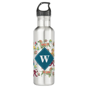Dogs Pattern & Vintage Flowers Monogram Stainless Steel Water Bottle