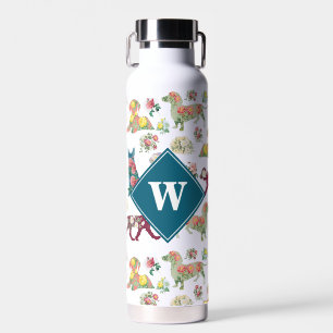 Dogs Pattern & Vintage Flowers Monogram Water Bottle