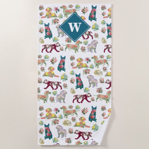 Dogs Pattern  Vintage Watercolor Flowers Monogram Beach Towel