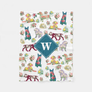 Dogs Pattern & Vintage Watercolor Flowers Monogram Fleece Blanket