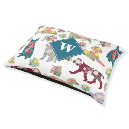 Dogs Pattern  Vintage Watercolor Flowers Monogram Pet Bed