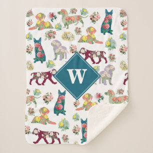 Dogs Pattern & Vintage Watercolor Flowers Monogram Sherpa Blanket