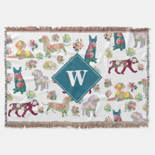 Dogs Pattern & Vintage Watercolor Flowers Monogram Throw Blanket