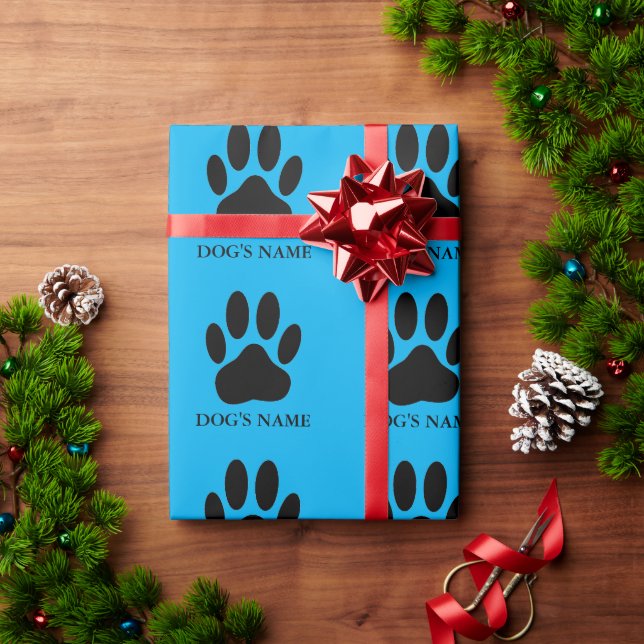Dog's Pawprint Black and Blue Wrapping Paper (Holiday Gift)
