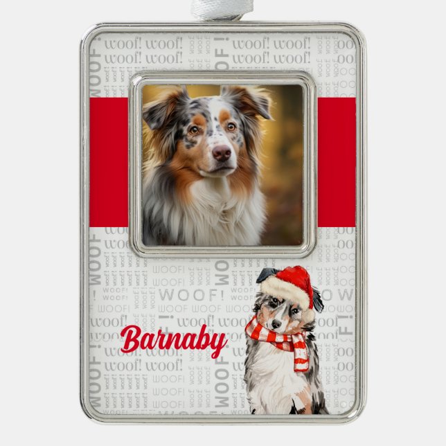 Dog's Photo and Name Australian Shepherd Santa Christmas Ornament (Front)