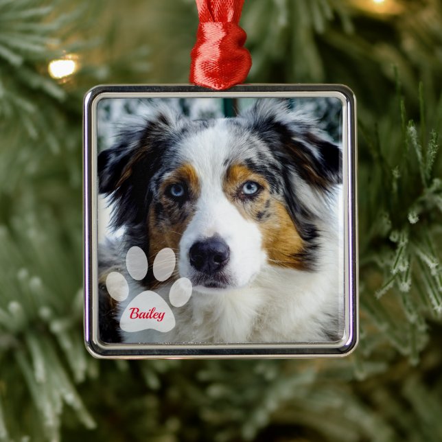 Dog's Photo and Name with Paw Print Christmas Metal Ornament (Tree)
