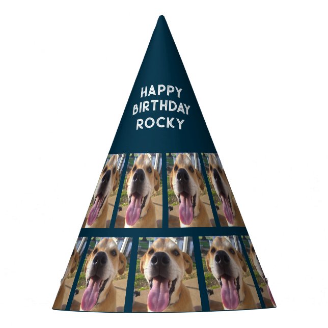 Dogs Photo Happy Birthday Navy Blue Personalized Party Hat (Front)