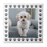 Dog's Photo, Name, In Loving Memory, Paw Prints 2 Ceramic Tile<br><div class="desc">In Loving Memory: Personalize with your dog's photo,  script name and message in white text with paw prints border. Version 2.</div>
