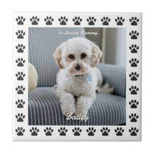 Dog's Photo, Name, In Loving Memory, Paw Prints 2 Ceramic Tile