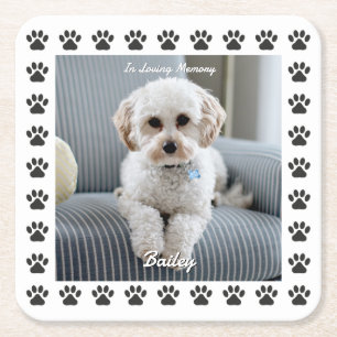 Dog's Photo, Name, In Loving Memory, Paw Prints Square Paper Coaster