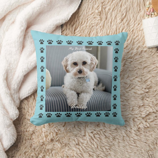 Dog's Photo, Name, My Best Friend, Paw Prints Throw Pillow (Blanket)