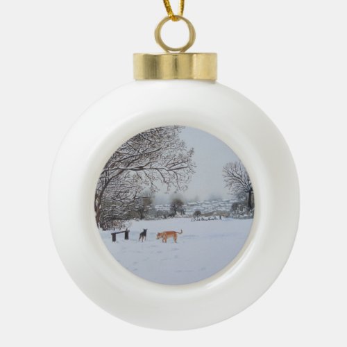 dogs playing in snow scene landscape christmas ceramic ball christmas ornament