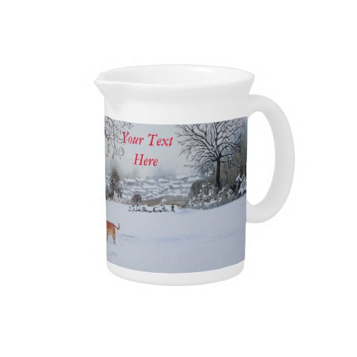 dogs playing in snow scene original landscape art beverage pitcher