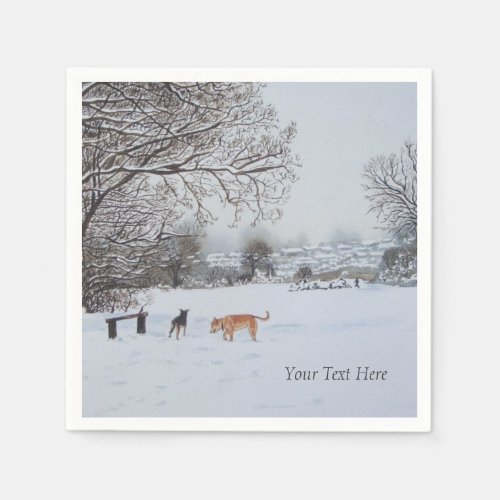 dogs playing in snow scene seasoanal landscape paper napkins