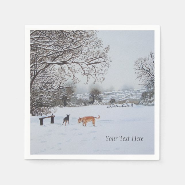 dogs playing in snow scene seasoanal landscape paper napkins (Front)