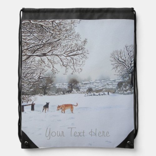 dogs playing in snowy landscape scenic drawstring bag