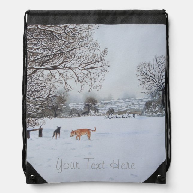dogs playing in snowy landscape scenic drawstring bag (Front)