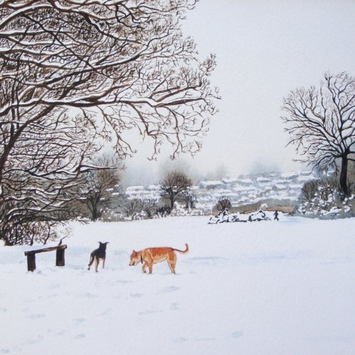 Dogs playing in the snow scene landscape latte mug