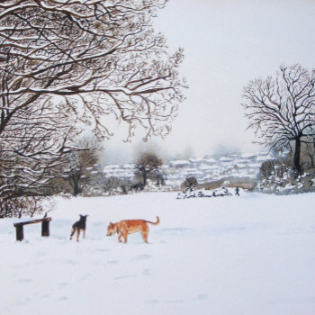 Dogs Playing In The Snow Scene Winter Landscape Jigsaw Puzzle by artoriginals at Zazzle