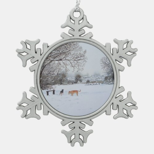 dogs playing in the snow winter landscape snowflake pewter christmas ornament