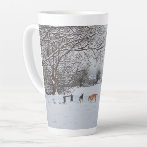  dogs playing in winter snow_scene landscape latte mug