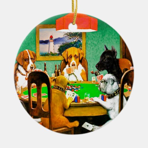 Dogs Playing Poker Cards Game Ceramic Ornament