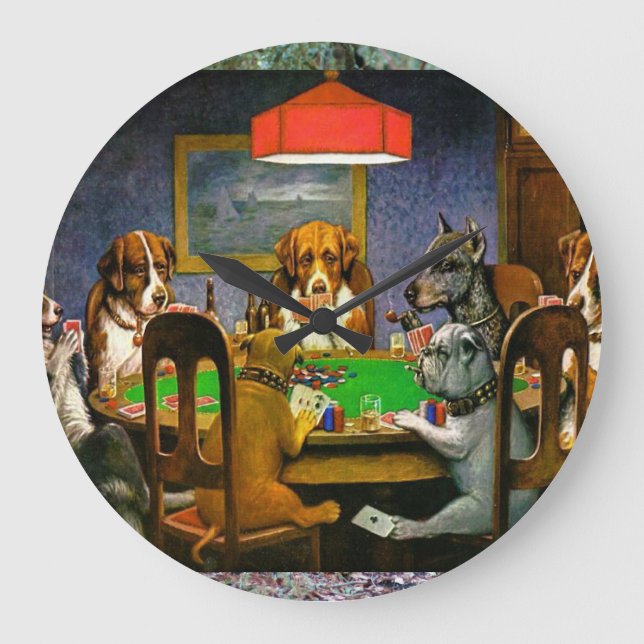 Dogs Playing Poker Large Clock (Front)