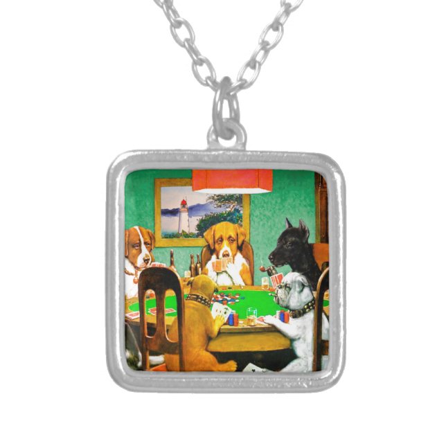 Dogs Playing Poker Silver Plated Necklace (Front)