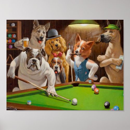 Dogs Playing Pool Billiard by Cassius Marcellus Co Poster