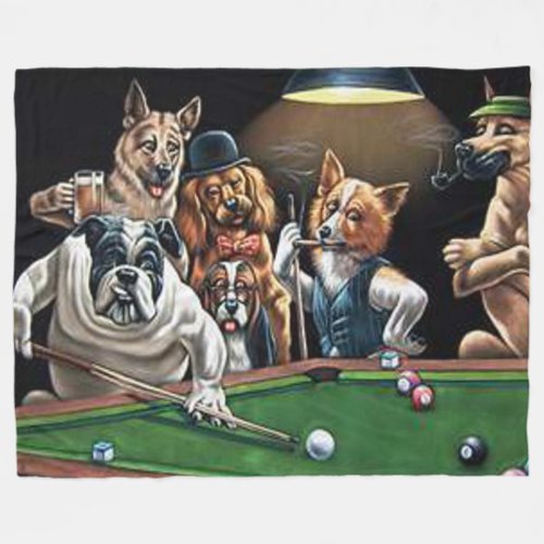 Dogs Playing Pool _ Bulldog Fleece Blanket