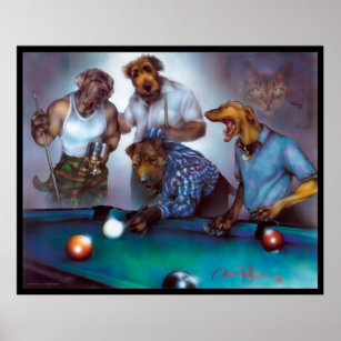 dogs playing pool on black velvet