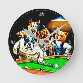 Dogs Playing Pool Round Clock