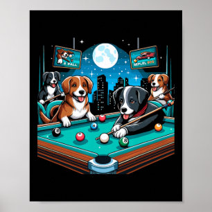 Dogs Playing Pool Table Billiards 8 Ball Poster