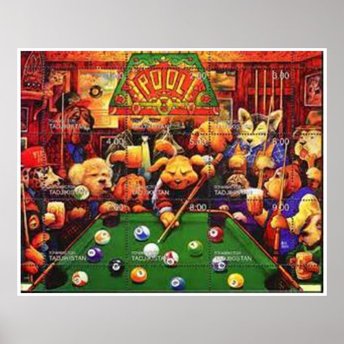 Dogs Playing Pool _ Tazbekistan Stamp Sheet Poster